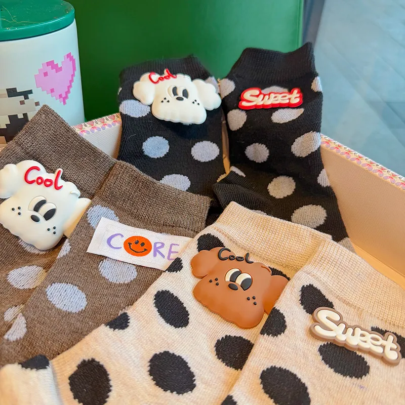 Cute Cartoon Polka Dot Puppy Socks for Women & Kids – Sweet Mid-Calf Crew Socks with Adorable Dog Pattern, Soft Casual Cotton Socks with Girly Polka Dot Design, Everyday Cute Socks